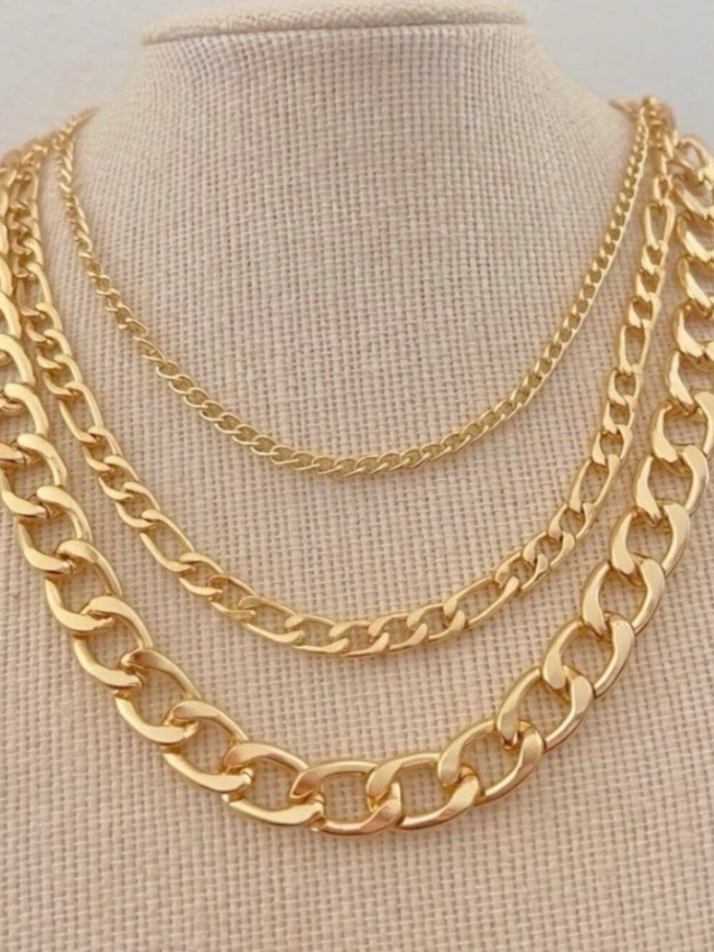 Gold Layered Chunky Chain Necklace Set Lightweight Curb Figaro Link Trendy Bold - Picture 2 of 9